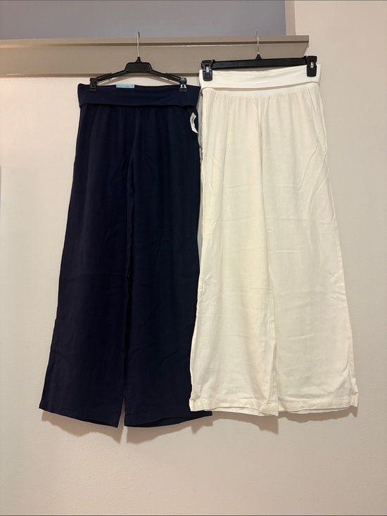 Old Navy Pants - Old Navy Set of 2 Fold Over Wide Leg Linen Blend Pants Navy/Cream SZ S EUC